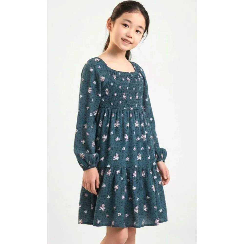 Carter's Girls 10 Blue Floral Smocked Long Sleeve Midi Dress Square Neck